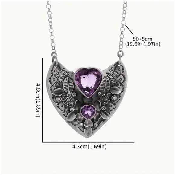 Heart Pendant Necklace With Violet Glass Gemstones & Intricate Floral Detailing - Picture 3 of 3